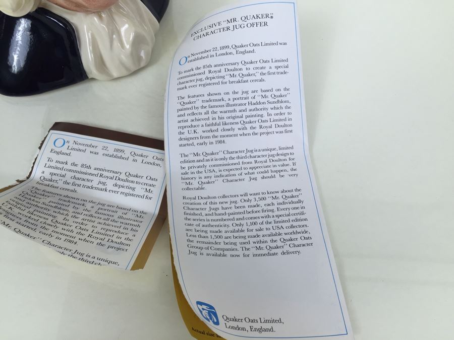 Royal Doulton Large 'Mr. Quaker' D6738 Character Pitcher 1984 Specially Commissioned By Quaker Oats Limited Edition 2,255 Of 3,500 [Photo 15]