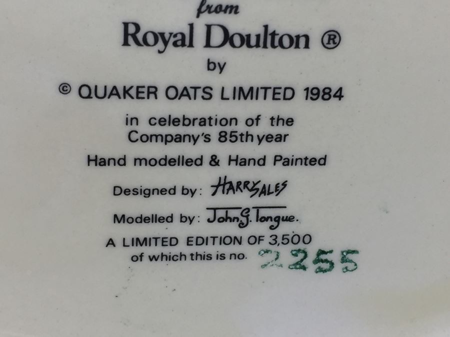 Royal Doulton Large 'Mr. Quaker' D6738 Character Pitcher 1984 Specially Commissioned By Quaker Oats Limited Edition 2,255 Of 3,500 [Photo 18]