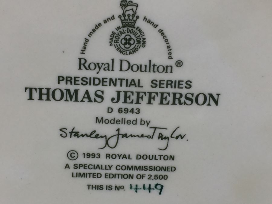 Royal Doulton Large 'Thomas Jefferson' D6943 Character Pitcher 1993 Limited Edition 449 Of 2,500 [Photo 3]