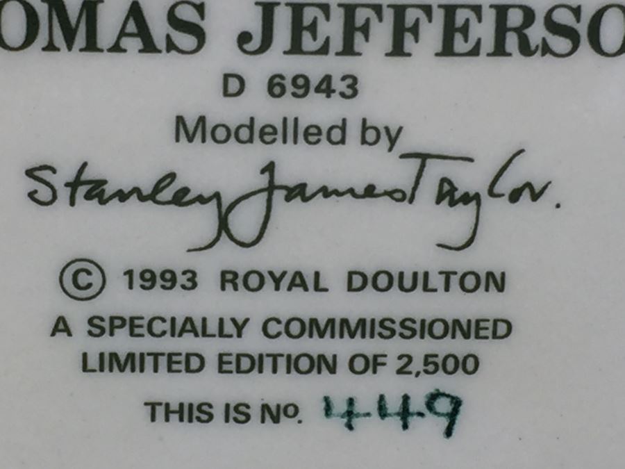 Royal Doulton Large 'Thomas Jefferson' D6943 Character Pitcher 1993 Limited Edition 449 Of 2,500 [Photo 9]