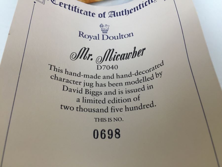 Royal Doulton Large 'Mr. Micawber' D7040 Character Jug 1996 Limited Edition 698 Of 2,500 Signed By Michael Doulton [Photo 12]