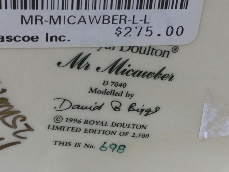 Royal Doulton Large 'Mr. Micawber' D7040 Character Jug 1996 Limited Edition 698 Of 2,500 Signed By Michael Doulton [Photo 13]