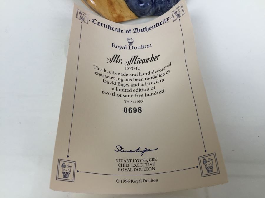 Royal Doulton Large 'Mr. Micawber' D7040 Character Jug 1996 Limited Edition 698 Of 2,500 Signed By Michael Doulton [Photo 11]