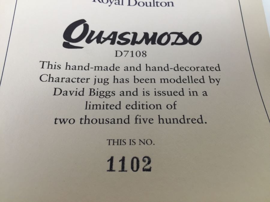 Royal Doulton Large 'Quasimodo' D7108 Character Pitcher 1998 Limited Edition 1,102 Of 2,500 [Photo 13]