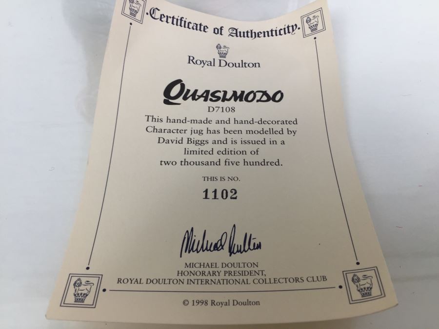 Royal Doulton Large 'Quasimodo' D7108 Character Pitcher 1998 Limited Edition 1,102 Of 2,500 [Photo 12]