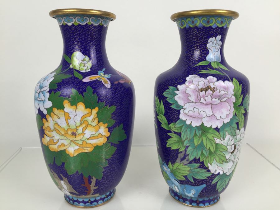 Pair Of Tall Blue Chinese Cloisonne Vases [Photo 2]