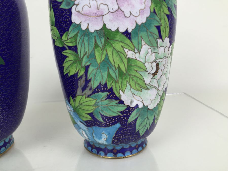 Pair Of Tall Blue Chinese Cloisonne Vases [Photo 11]