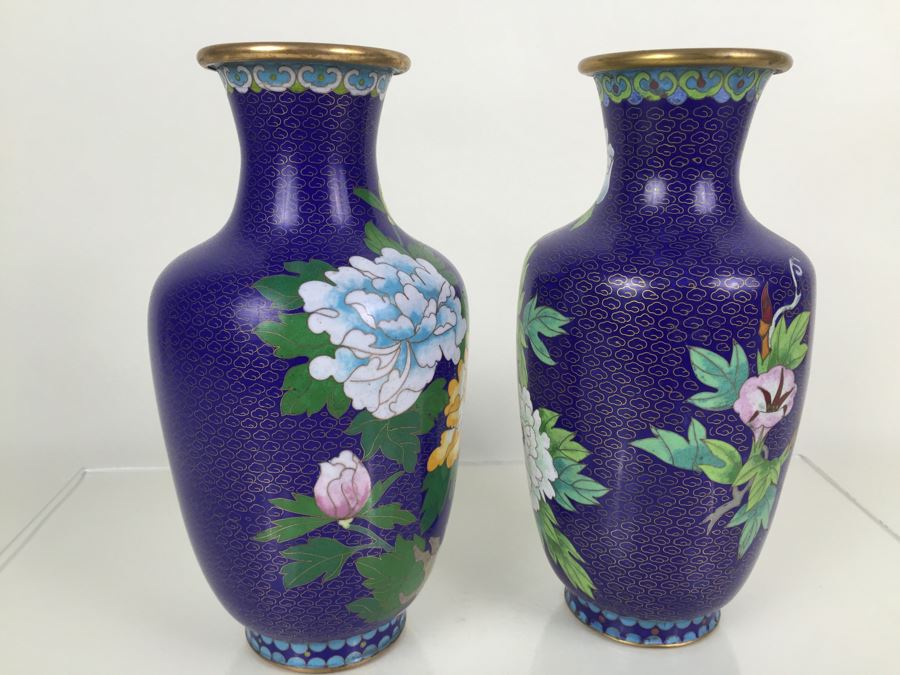 Pair Of Tall Blue Chinese Cloisonne Vases [Photo 12]