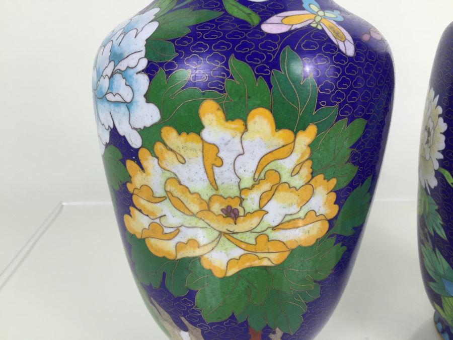 Pair Of Tall Blue Chinese Cloisonne Vases [Photo 6]