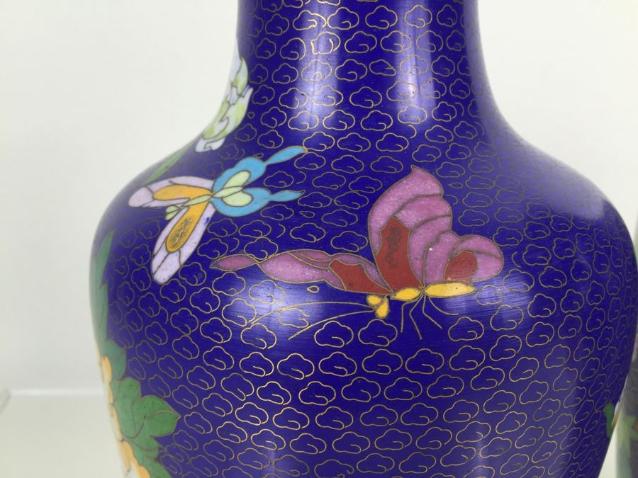 Pair Of Tall Blue Chinese Cloisonne Vases [Photo 16]