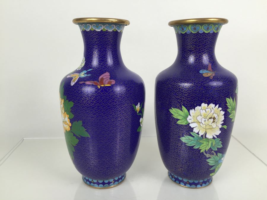Pair Of Tall Blue Chinese Cloisonne Vases [Photo 15]