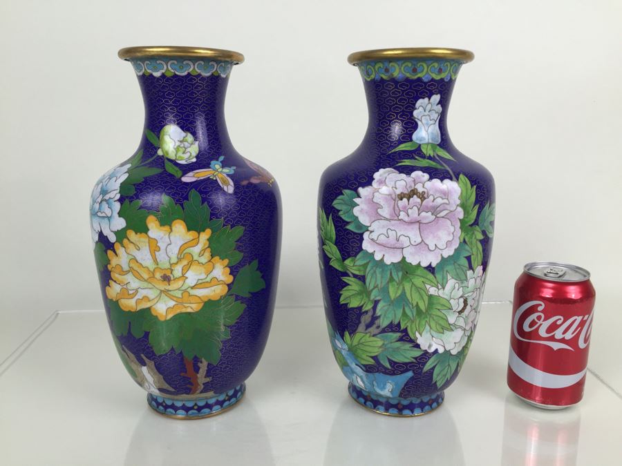 Pair Of Tall Blue Chinese Cloisonne Vases