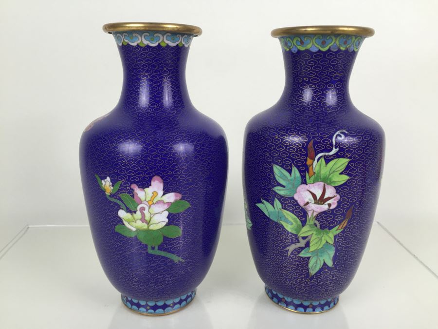 Pair Of Tall Blue Chinese Cloisonne Vases [Photo 13]