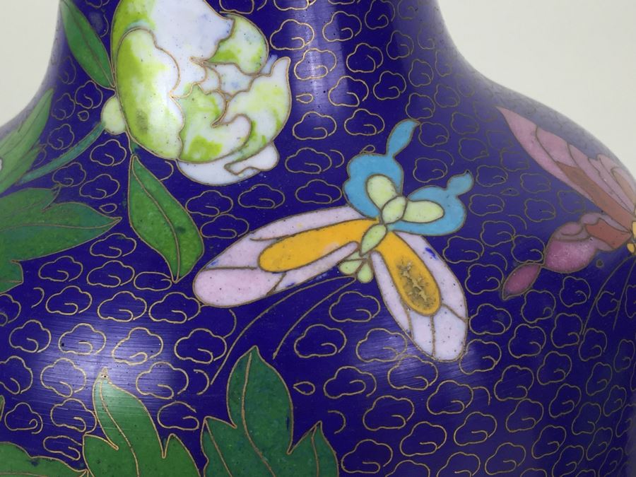 Pair Of Tall Blue Chinese Cloisonne Vases [Photo 3]