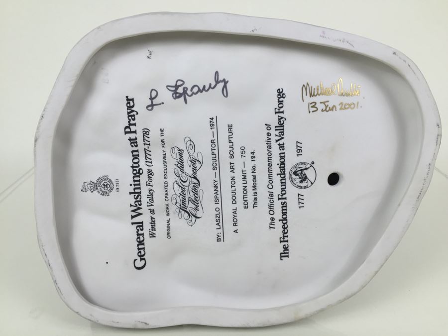 Royal Doulton Large 'General Washington At Prayer Winter At Valley Forge 1777-1778' HN2861 Character Figure With Wooden Bas 1974 Limited Edition 184 Of 750 Signed By Michael Doulton And Sculptor Laszlo Ispanky Matte Finish Estimate $2,400 [Photo 3]