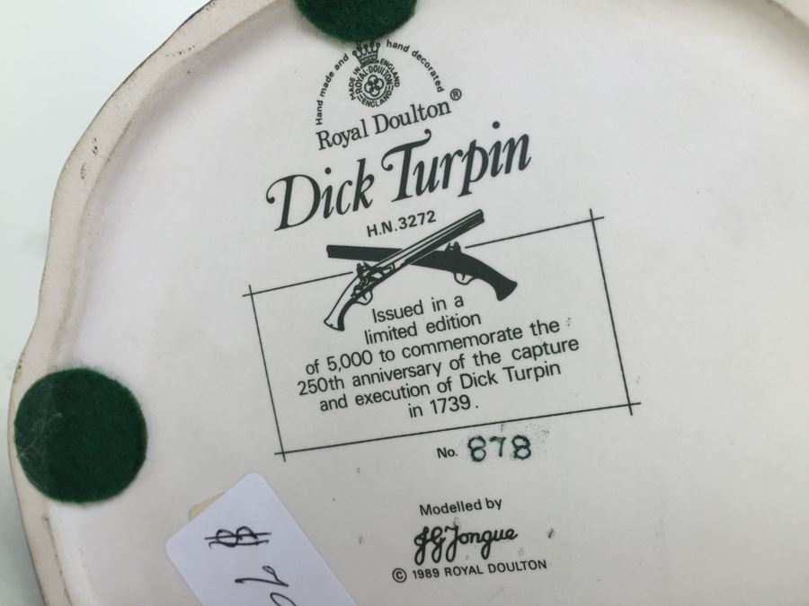 Royal Doulton Large 'Dick Turpin' HN3272 Character Jug 1989 Limited Edition 878 Of 5,000 Matte Finish [Photo 19]