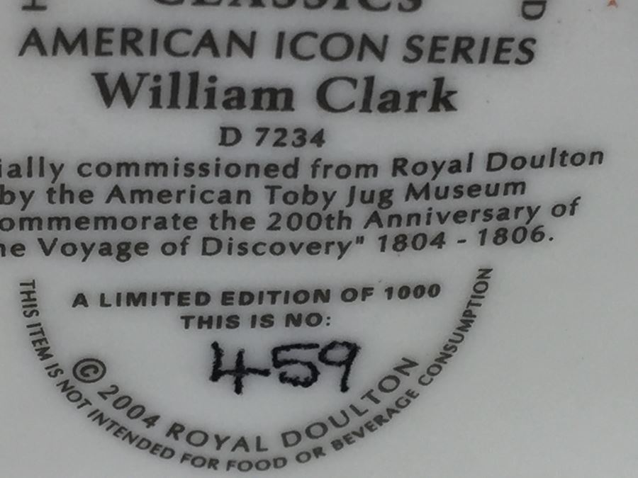 Royal Doulton Large American Icon Series 'William Clark' D7234 Character Pitcher 2004 Limited Edition 459 Of 1,000 [Photo 12]