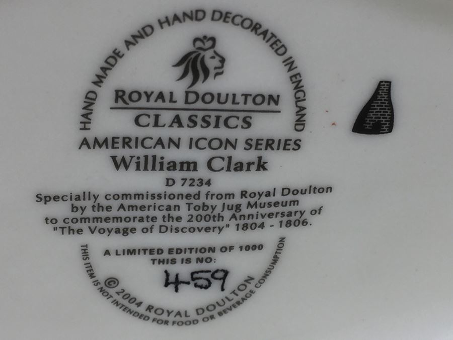 Royal Doulton Large American Icon Series 'William Clark' D7234 Character Pitcher 2004 Limited Edition 459 Of 1,000 [Photo 11]