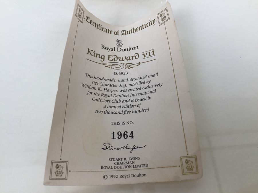 Royal Doulton Small 'King Edward VII' D6923 Character Jug 1992 Limited Edition 1,964 Of 2,500 [Photo 14]