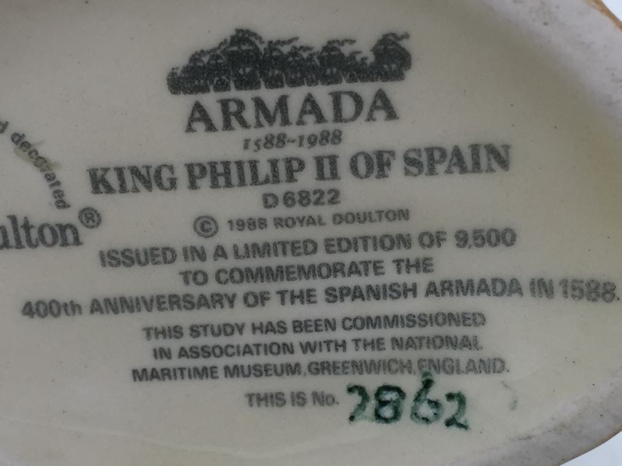 Royal Doulton Small Armada 'King Philip II of Spain' D6822 Character Jug 1988 Limited Edition 2,862 Of 9,500 [Photo 12]