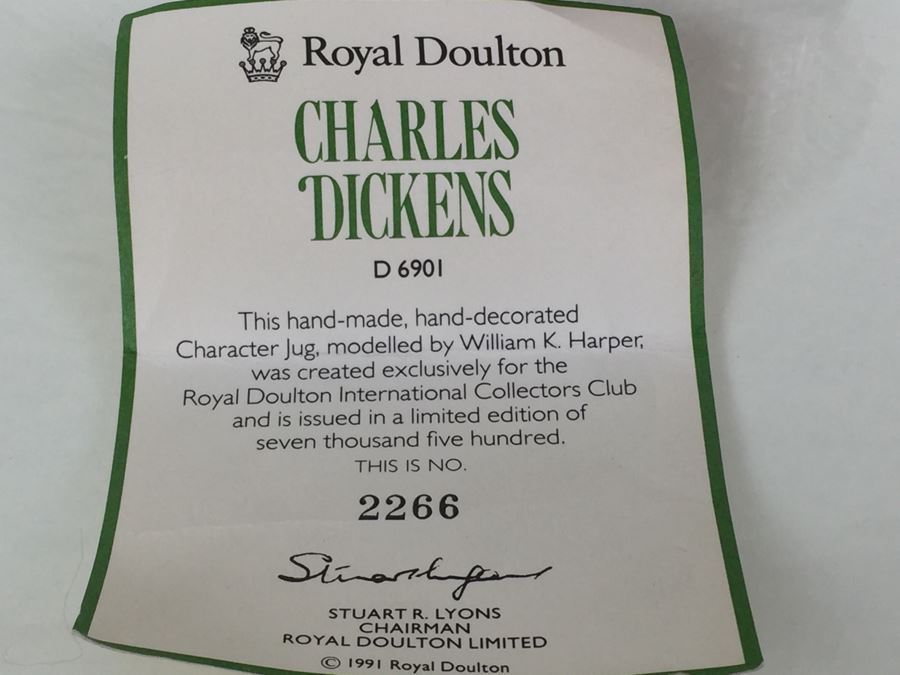Royal Doulton Medium 'Charles Dickens' D6901 Character Jug 1991 Limited Edition 2,266 Of 7,500 [Photo 14]