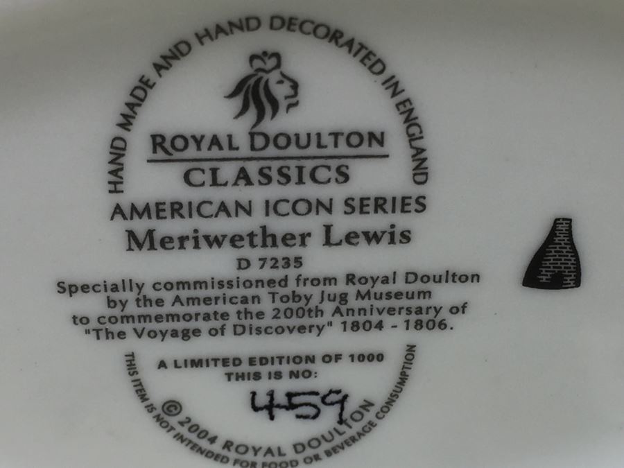 Royal Doulton Medium American Icon Series 'Meriwether Lewis' D7235 Character Jug 2004 Limited Edition 459 Of 1,000 [Photo 12]
