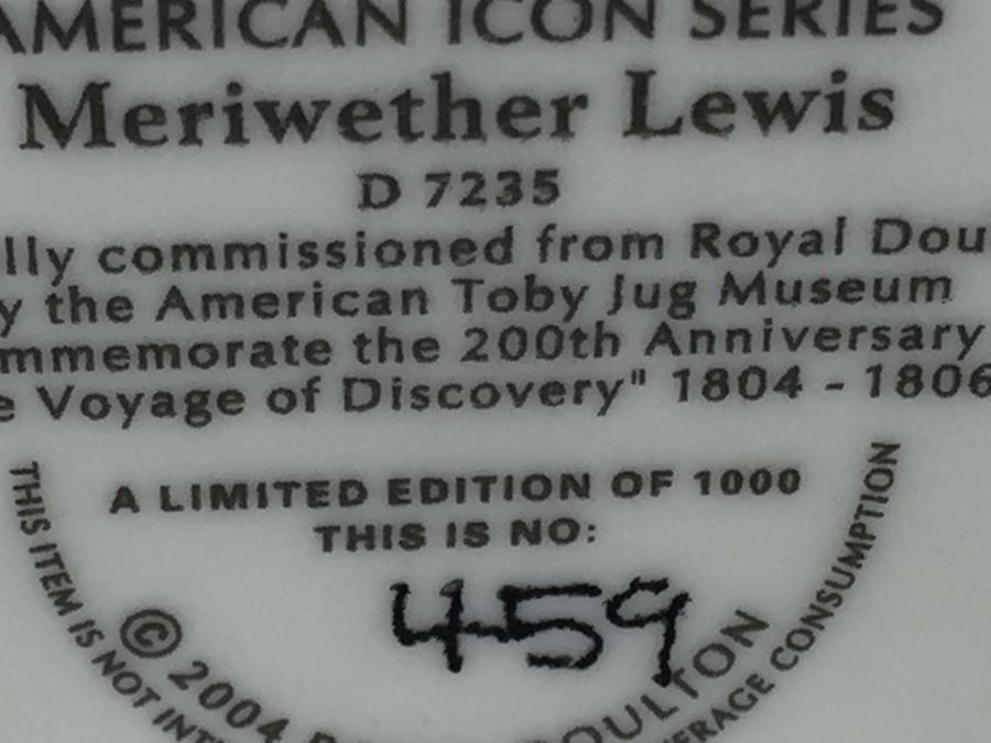Royal Doulton Medium American Icon Series 'Meriwether Lewis' D7235 Character Jug 2004 Limited Edition 459 Of 1,000 [Photo 13]
