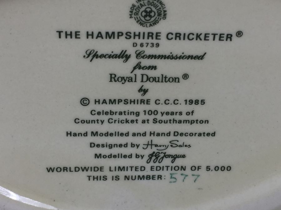Royal Doulton Medium Character Jug The Hampshire Cricketer D6739 1985 Limited Edition 577 Of 5,000 [Photo 10]