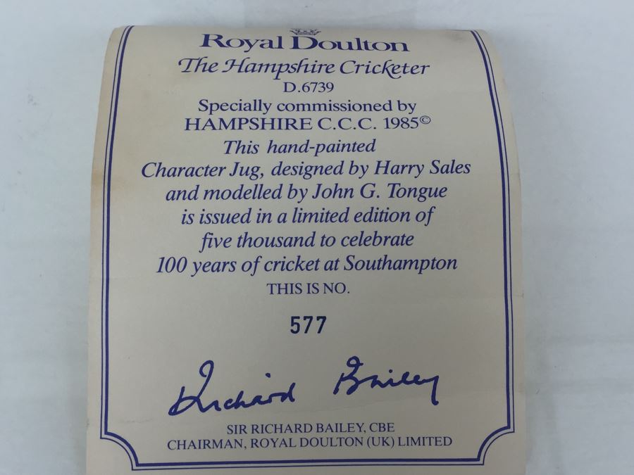 Royal Doulton Medium Character Jug The Hampshire Cricketer D6739 1985 Limited Edition 577 Of 5,000 [Photo 12]