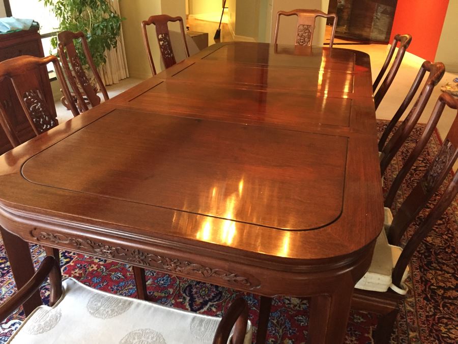 Stunning Chinese Rosewood Dining Table With 8 Rosewood Chairs (2 Armchairs) And 2 Leaves