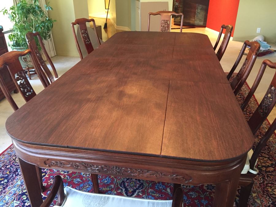 Stunning Chinese Rosewood Dining Table With 8 Rosewood Chairs (2 Armchairs) And 2 Leaves [Photo 13]