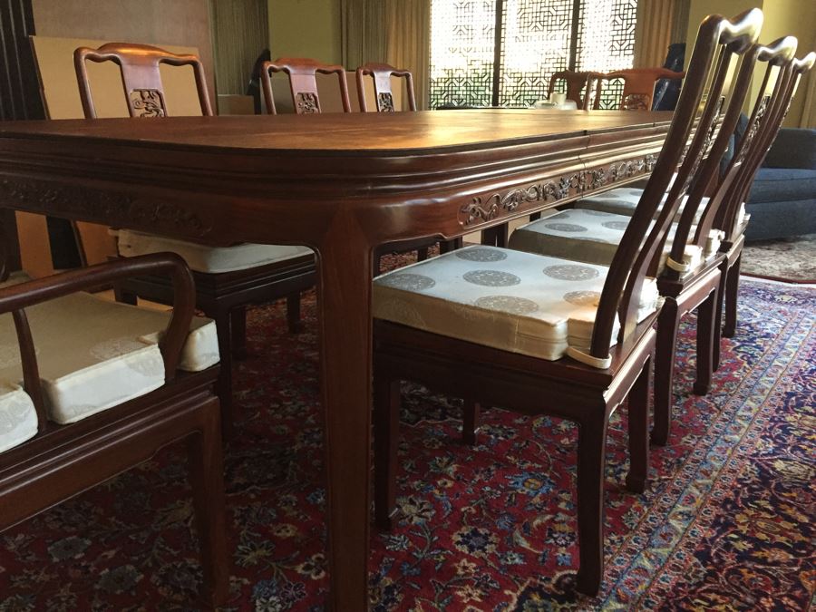 Stunning Chinese Rosewood Dining Table With 8 Rosewood Chairs (2 Armchairs) And 2 Leaves [Photo 6]