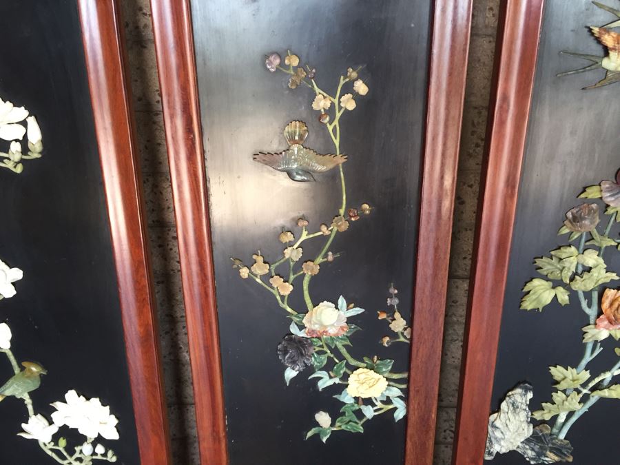 Stunning 6 Panel Chinese Rosewood Screens With Hand Carved Stone Jade Coral Relief Images Of Wildlife Birds Plants [Photo 42]