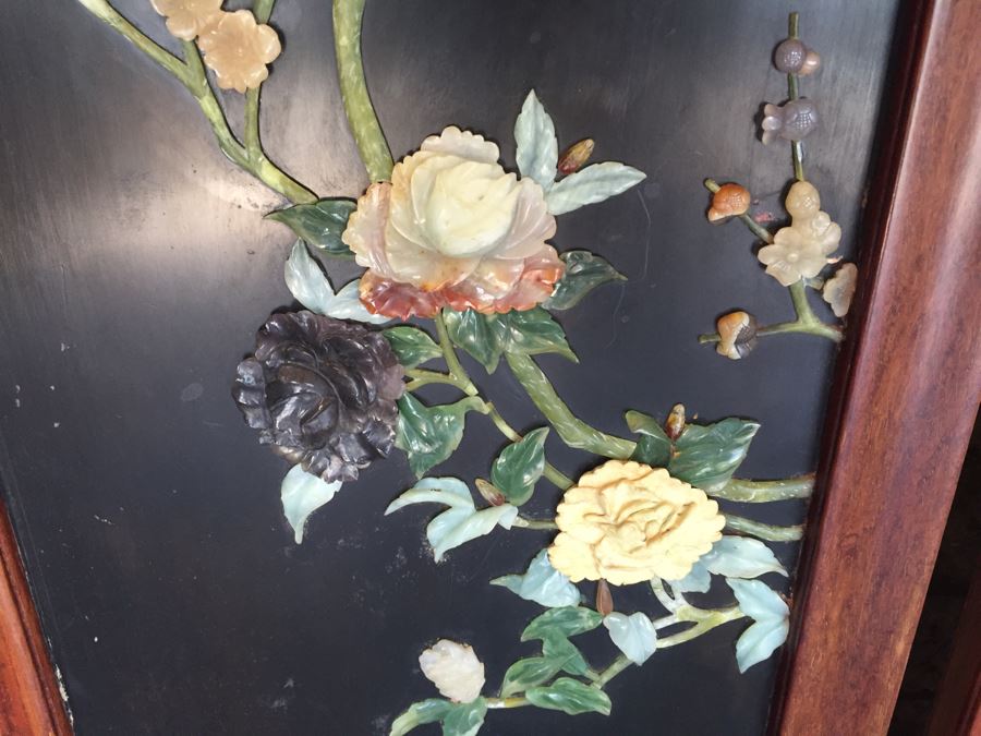 Stunning 6 Panel Chinese Rosewood Screens With Hand Carved Stone Jade Coral Relief Images Of Wildlife Birds Plants [Photo 43]
