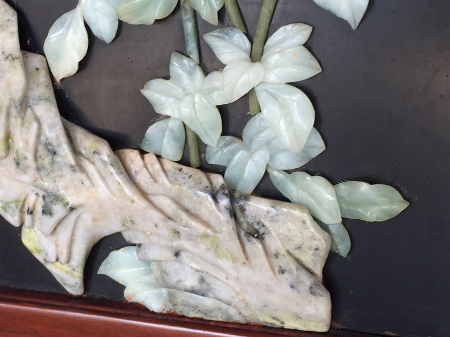 Stunning 6 Panel Chinese Rosewood Screens With Hand Carved Stone Jade Coral Relief Images Of Wildlife Birds Plants [Photo 10]