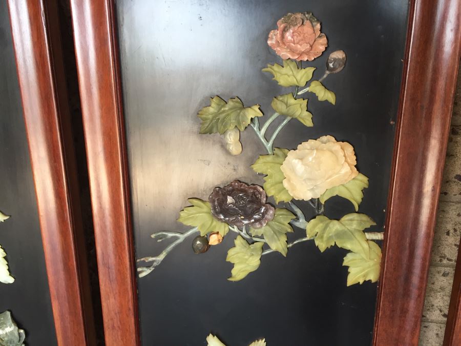 Stunning 6 Panel Chinese Rosewood Screens With Hand Carved Stone Jade Coral Relief Images Of Wildlife Birds Plants [Photo 21]
