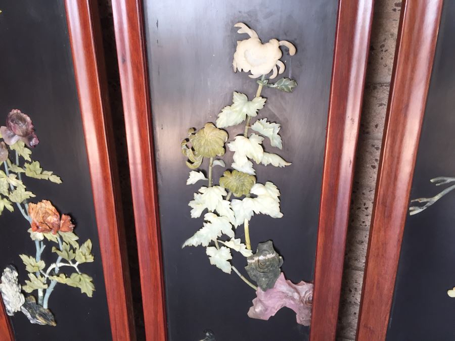 Stunning 6 Panel Chinese Rosewood Screens With Hand Carved Stone Jade Coral Relief Images Of Wildlife Birds Plants [Photo 27]