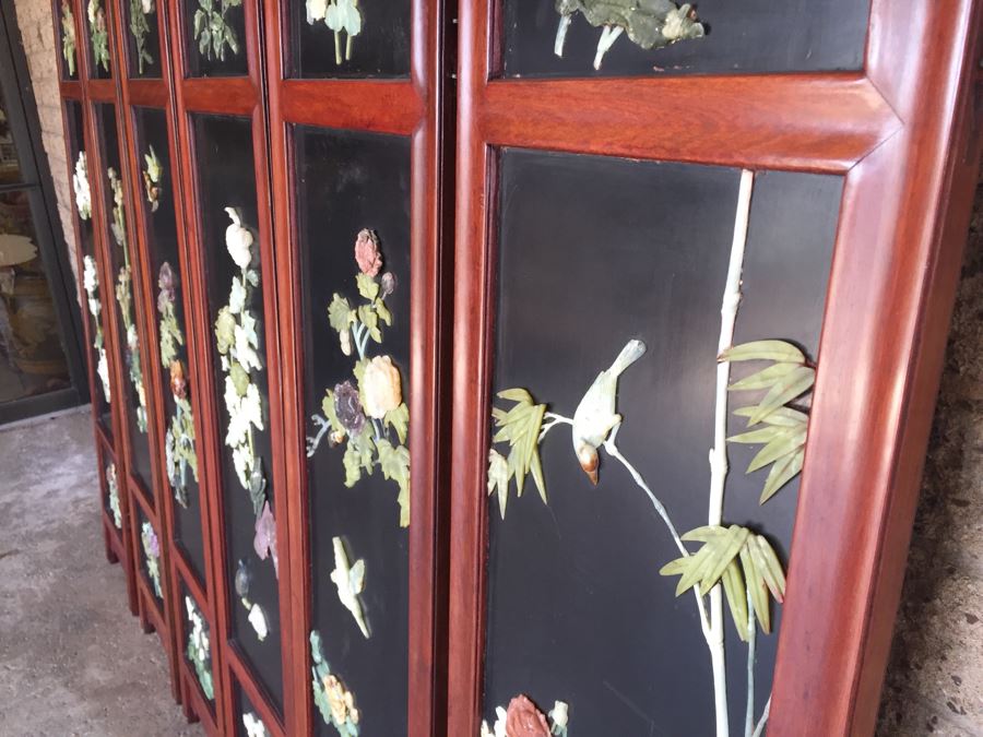 Stunning 6 Panel Chinese Rosewood Screens With Hand Carved Stone Jade Coral Relief Images Of Wildlife Birds Plants [Photo 17]