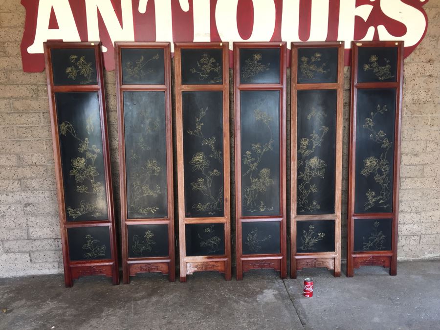 Stunning 6 Panel Chinese Rosewood Screens With Hand Carved Stone Jade Coral Relief Images Of Wildlife Birds Plants [Photo 55]