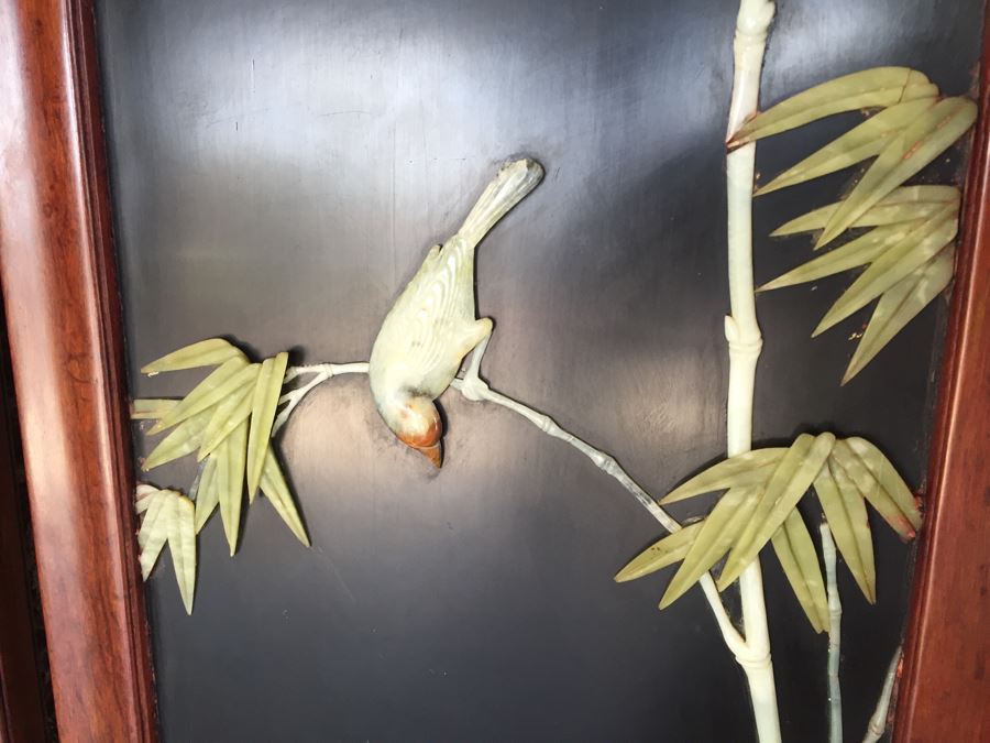 Stunning 6 Panel Chinese Rosewood Screens With Hand Carved Stone Jade Coral Relief Images Of Wildlife Birds Plants [Photo 5]