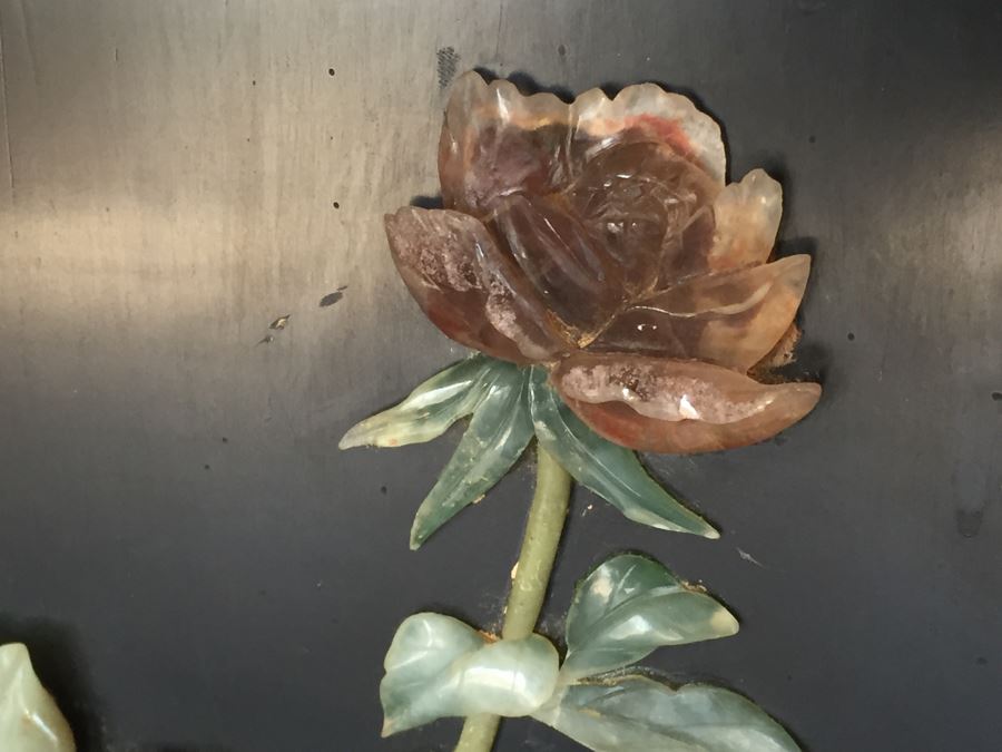 Stunning 6 Panel Chinese Rosewood Screens With Hand Carved Stone Jade Coral Relief Images Of Wildlife Birds Plants [Photo 8]