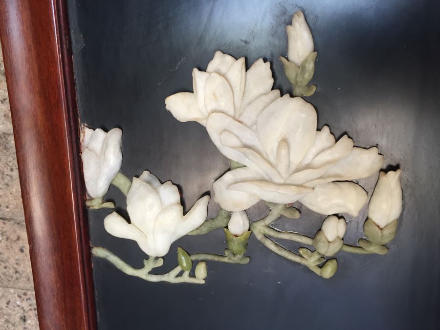 Stunning 6 Panel Chinese Rosewood Screens With Hand Carved Stone Jade Coral Relief Images Of Wildlife Birds Plants [Photo 49]