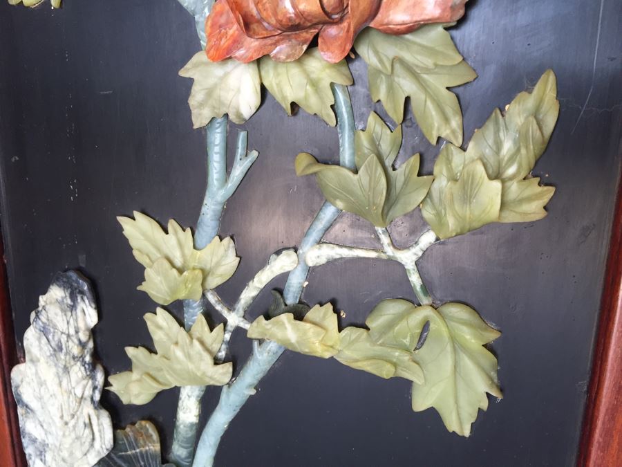 Stunning 6 Panel Chinese Rosewood Screens With Hand Carved Stone Jade Coral Relief Images Of Wildlife Birds Plants [Photo 38]