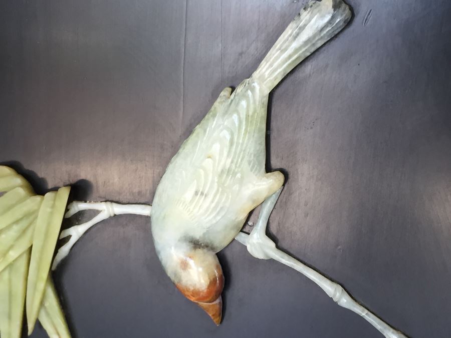 Stunning 6 Panel Chinese Rosewood Screens With Hand Carved Stone Jade Coral Relief Images Of Wildlife Birds Plants [Photo 6]