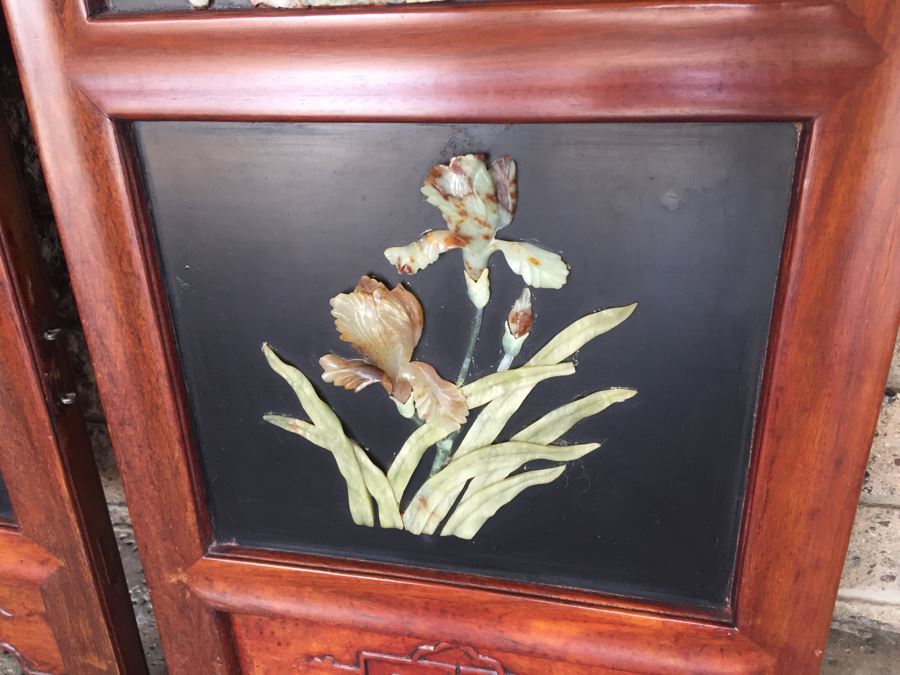 Stunning 6 Panel Chinese Rosewood Screens With Hand Carved Stone Jade Coral Relief Images Of Wildlife Birds Plants [Photo 11]