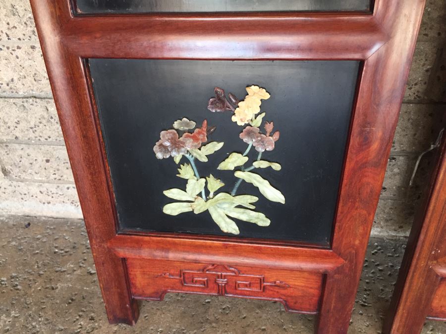 Stunning 6 Panel Chinese Rosewood Screens With Hand Carved Stone Jade Coral Relief Images Of Wildlife Birds Plants [Photo 52]