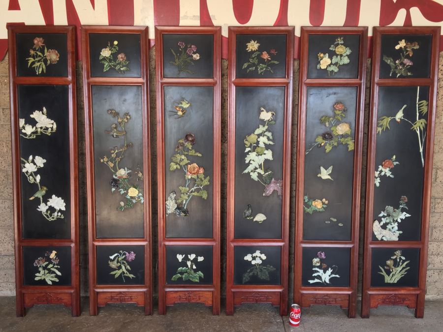 Stunning 6 Panel Chinese Rosewood Screens With Hand Carved Stone Jade Coral Relief Images Of Wildlife Birds Plants