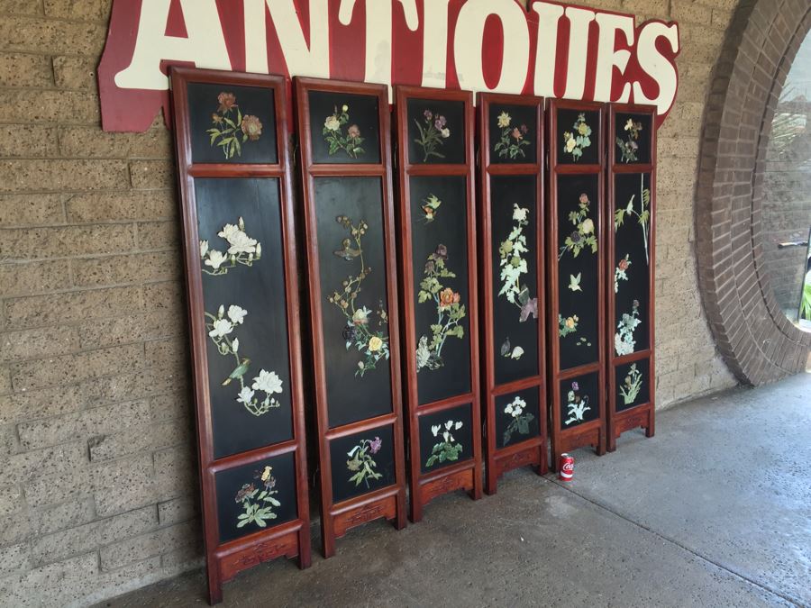 Stunning 6 Panel Chinese Rosewood Screens With Hand Carved Stone Jade Coral Relief Images Of Wildlife Birds Plants [Photo 53]