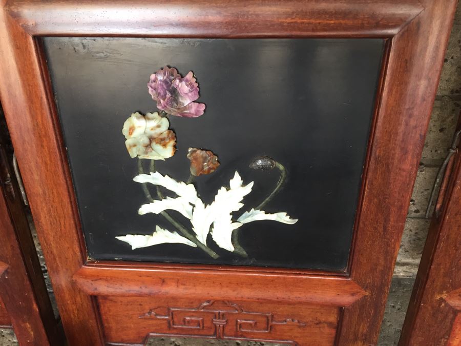 Stunning 6 Panel Chinese Rosewood Screens With Hand Carved Stone Jade Coral Relief Images Of Wildlife Birds Plants [Photo 23]