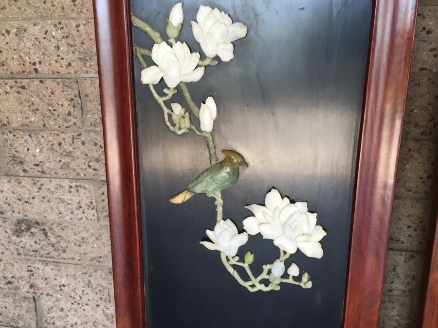 Stunning 6 Panel Chinese Rosewood Screens With Hand Carved Stone Jade Coral Relief Images Of Wildlife Birds Plants [Photo 50]